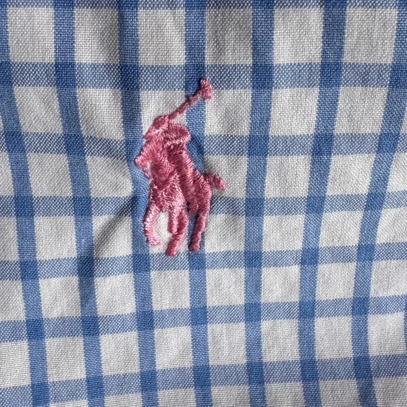 Ralph Lauren Button Down Men Blue White Pink Horse Long Sleeve Checkered - Picture 3 of 7